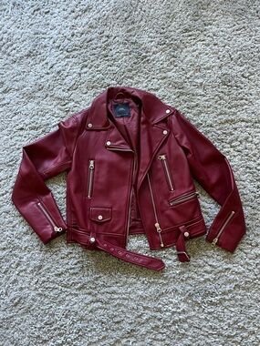 Zara Wine Red Faux Leather Moto Jacket with Belt